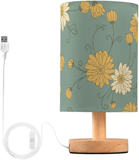 Yellow Flowers Bedside Table Lamp with USB Ports, LED Nightstand Desk Lamp with Flaxen Fabric Shade & Wood Base for Bedroom, Living Room,Office Dorm