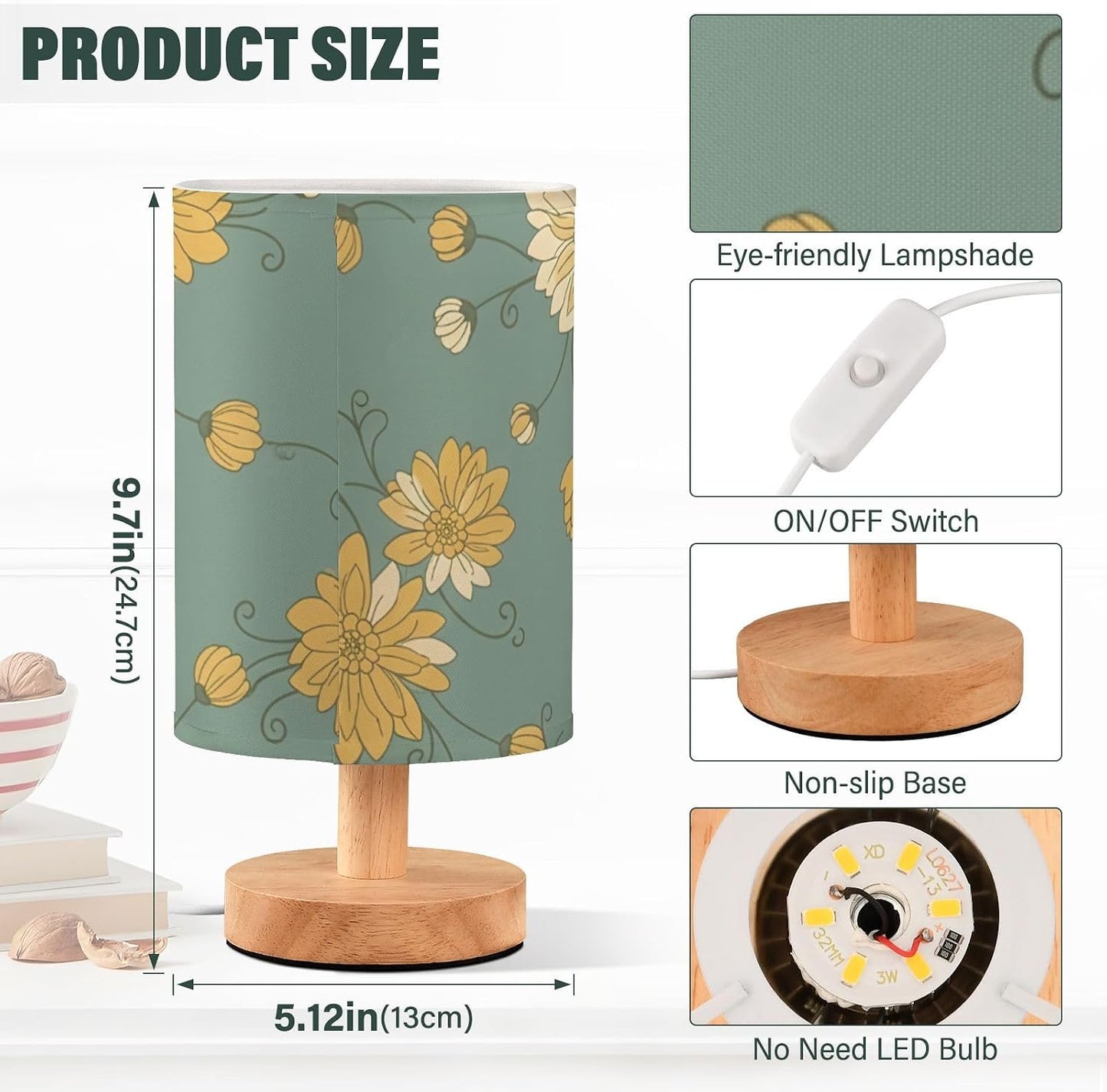 Yellow Flowers Bedside Table Lamp with USB Ports, LED Nightstand Desk Lamp with Flaxen Fabric Shade & Wood Base for Bedroom, Living Room,Office Dorm