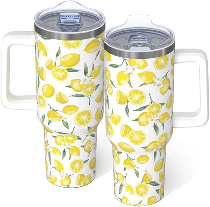 40oz Lemon Tumbler with Handle Cup, Lemon Gifts for Women | Cute Yellow Lemon Stainless Steel Leak-proof Cup Water Bottle Tumbler, Lemon Gifts for Women Birthday Christmas Mothers Day