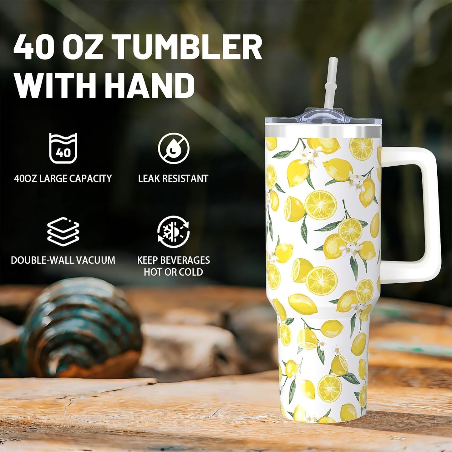 40oz Lemon Tumbler with Handle Cup, Lemon Gifts for Women | Cute Yellow Lemon Stainless Steel Leak-proof Cup Water Bottle Tumbler, Lemon Gifts for Women Birthday Christmas Mothers Day