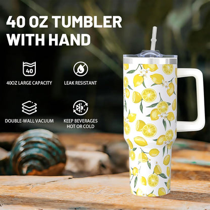 40oz Lemon Tumbler with Handle Cup, Lemon Gifts for Women | Cute Yellow Lemon Stainless Steel Leak-proof Cup Water Bottle Tumbler, Lemon Gifts for Women Birthday Christmas Mothers Day
