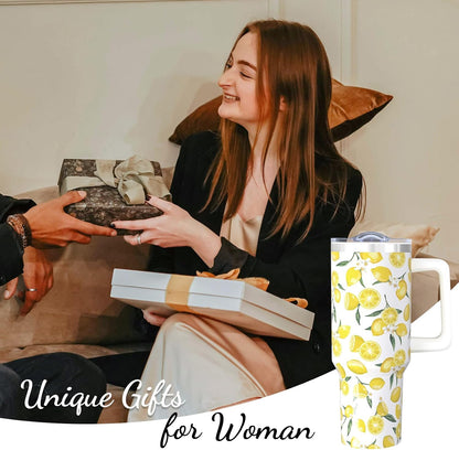 40oz Lemon Tumbler with Handle Cup, Lemon Gifts for Women | Cute Yellow Lemon Stainless Steel Leak-proof Cup Water Bottle Tumbler, Lemon Gifts for Women Birthday Christmas Mothers Day