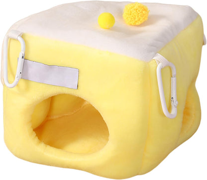 Hamster Cave Bed with Tunnel, Hangable Small Animal Hideout in Crystal Soft Polyester, Warm Yellow and White Plush House for Guinea Pig, Chinchilla, Ferret, Gerbil