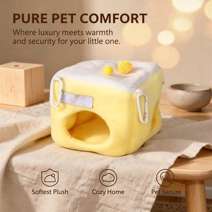 Hamster Cave Bed with Tunnel, Hangable Small Animal Hideout in Crystal Soft Polyester, Warm Yellow and White Plush House for Guinea Pig, Chinchilla, Ferret, Gerbil