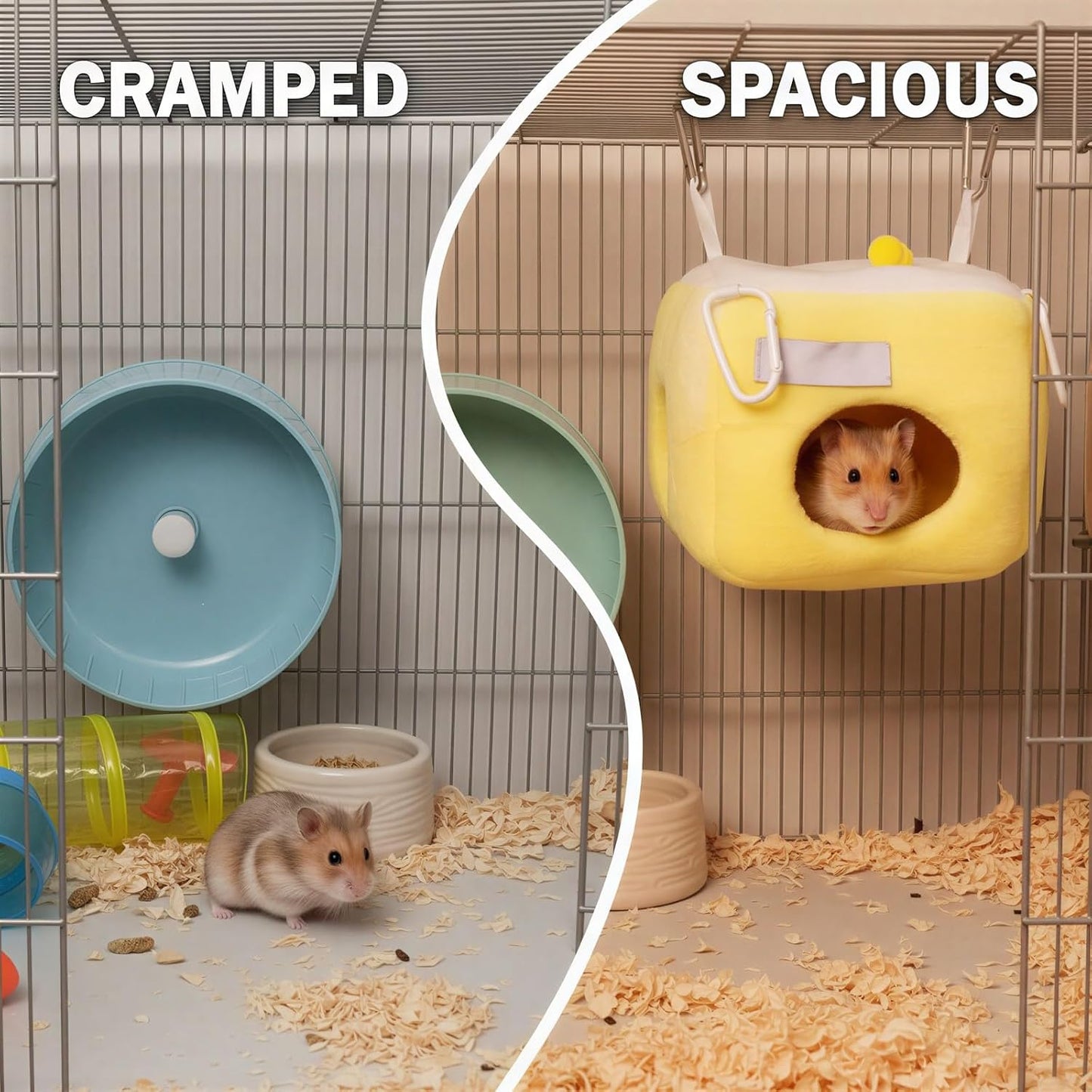 Hamster Cave Bed with Tunnel, Hangable Small Animal Hideout in Crystal Soft Polyester, Warm Yellow and White Plush House for Guinea Pig, Chinchilla, Ferret, Gerbil