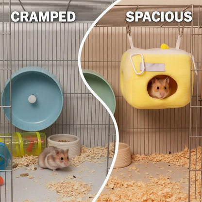 Hamster Cave Bed with Tunnel, Hangable Small Animal Hideout in Crystal Soft Polyester, Warm Yellow and White Plush House for Guinea Pig, Chinchilla, Ferret, Gerbil