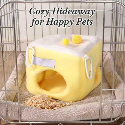 Hamster Cave Bed with Tunnel, Hangable Small Animal Hideout in Crystal Soft Polyester, Warm Yellow and White Plush House for Guinea Pig, Chinchilla, Ferret, Gerbil