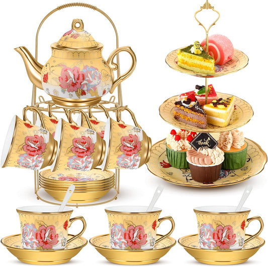 21 Pcs Ceramic Teapot Set Vintage Porcelain Tea Cups with Metal Holder and High Tier Cupcake Stand Saucers for Women Girls Farmhouse European Weddings Party Decor Gifts (Yellow,Vintage)