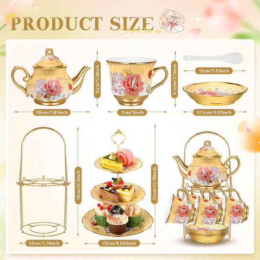 21 Pcs Ceramic Teapot Set Vintage Porcelain Tea Cups with Metal Holder and High Tier Cupcake Stand Saucers for Women Girls Farmhouse European Weddings Party Decor Gifts (Yellow,Vintage)