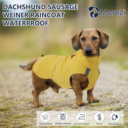 Dachshund Raincoat Weiner Dog Clothes Suitable for Dachshunds Corgi, Weiner, Dog Waterproof Coat with Reflective Stripe underbelly Protection - Yellow - XL