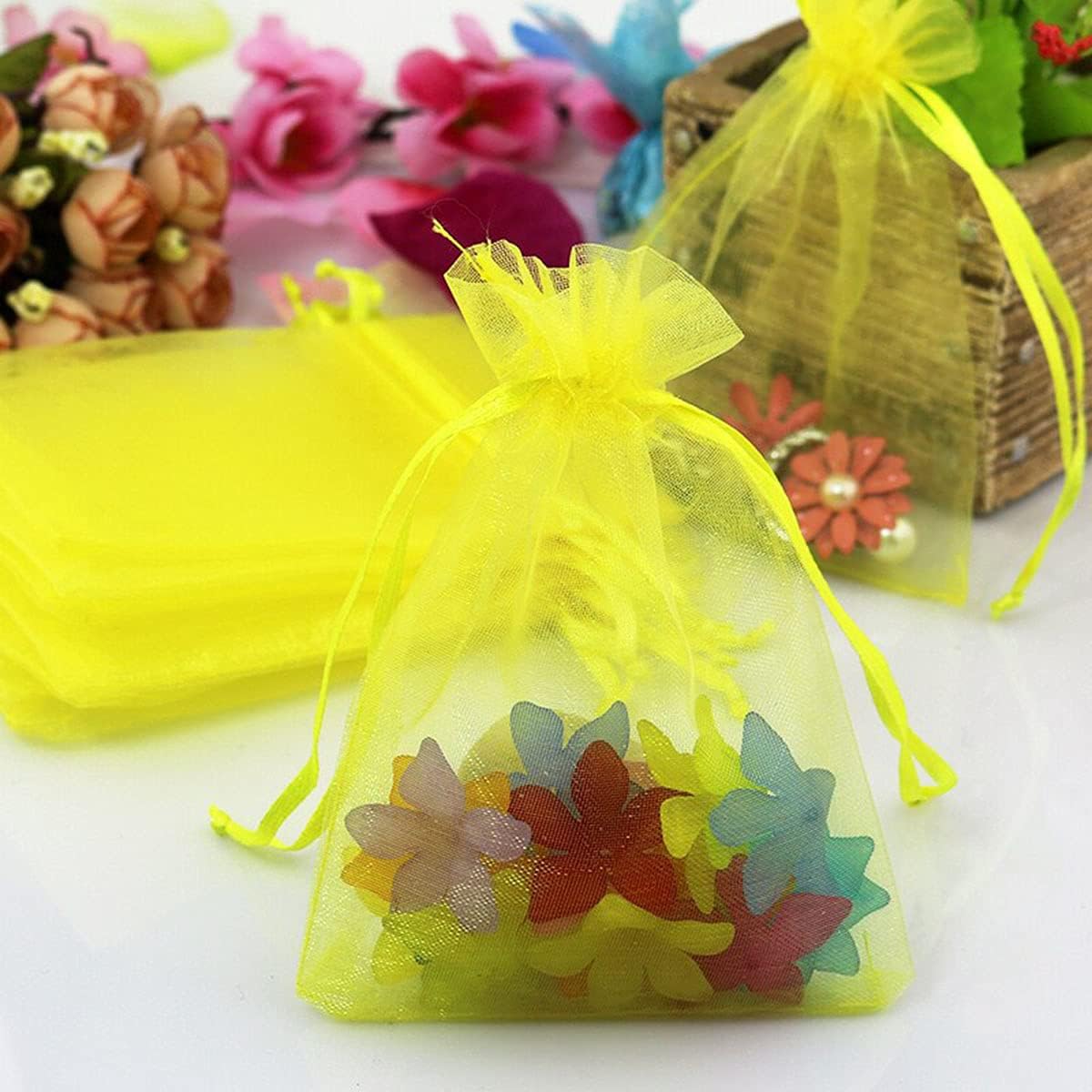5x7 Inch Sheer Organza Gift Bags with Drawstring,Set of 50 Yellow | Sachet for Jewelry,Candy,Fabric Mesh Storage Containers Pouches for Baby Shower,Birthday,Party Favors,Wedding,Bridal Shower