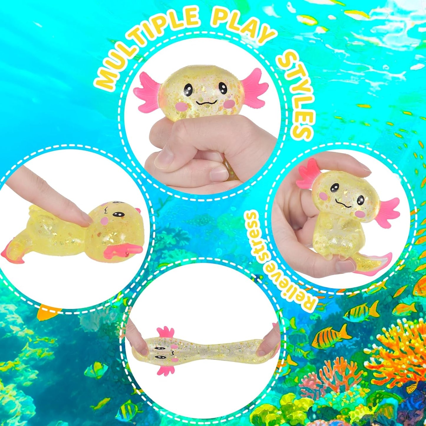 Axolotl Squishy Stress Relief Toy Glitter Fidget Toys Cute Axolotl Toy Fidget Toys Adults Fidget Toy for Kids Youth Adult, Party Favors Anxiety Relief Squishy Toys(Yellow)