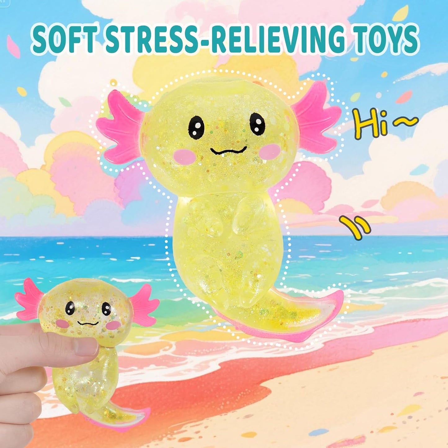 Axolotl Squishy Stress Relief Toy Glitter Fidget Toys Cute Axolotl Toy Fidget Toys Adults Fidget Toy for Kids Youth Adult, Party Favors Anxiety Relief Squishy Toys(Yellow)