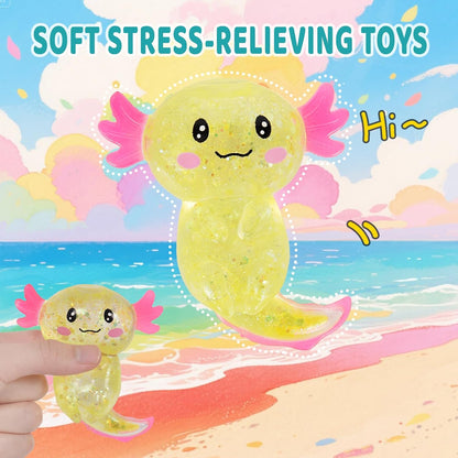 Axolotl Squishy Stress Relief Toy Glitter Fidget Toys Cute Axolotl Toy Fidget Toys Adults Fidget Toy for Kids Youth Adult, Party Favors Anxiety Relief Squishy Toys(Yellow)