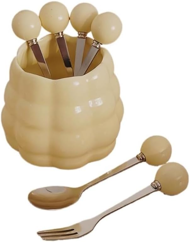 (6 Pieces) Ceramic Pearl Spoon Fork Jar Set Fruit Fork Dessert Cake Coffee TeaSpoon (Cream yellow)