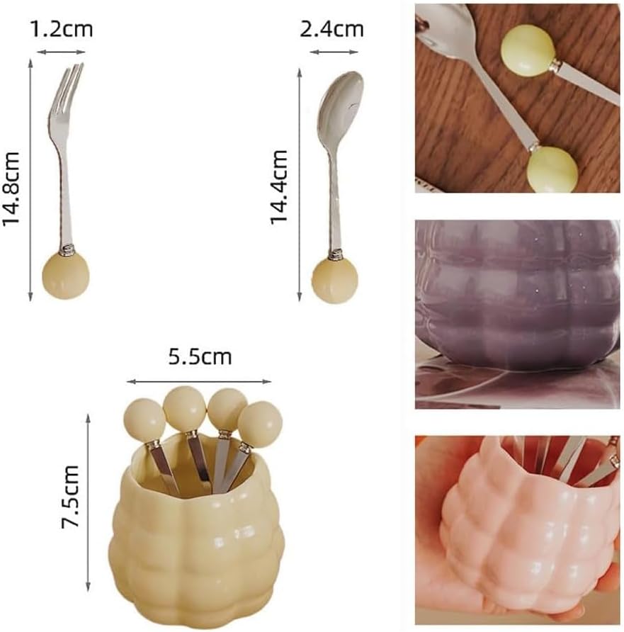 (6 Pieces) Ceramic Pearl Spoon Fork Jar Set Fruit Fork Dessert Cake Coffee TeaSpoon (Cream yellow)