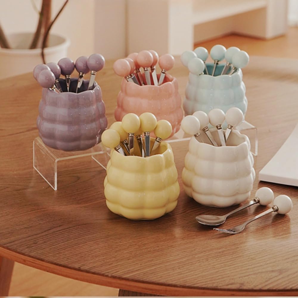 (6 Pieces) Ceramic Pearl Spoon Fork Jar Set Fruit Fork Dessert Cake Coffee TeaSpoon (Cream yellow)