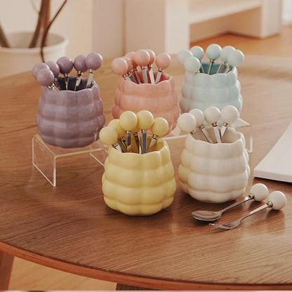 (6 Pieces) Ceramic Pearl Spoon Fork Jar Set Fruit Fork Dessert Cake Coffee TeaSpoon (Cream yellow)