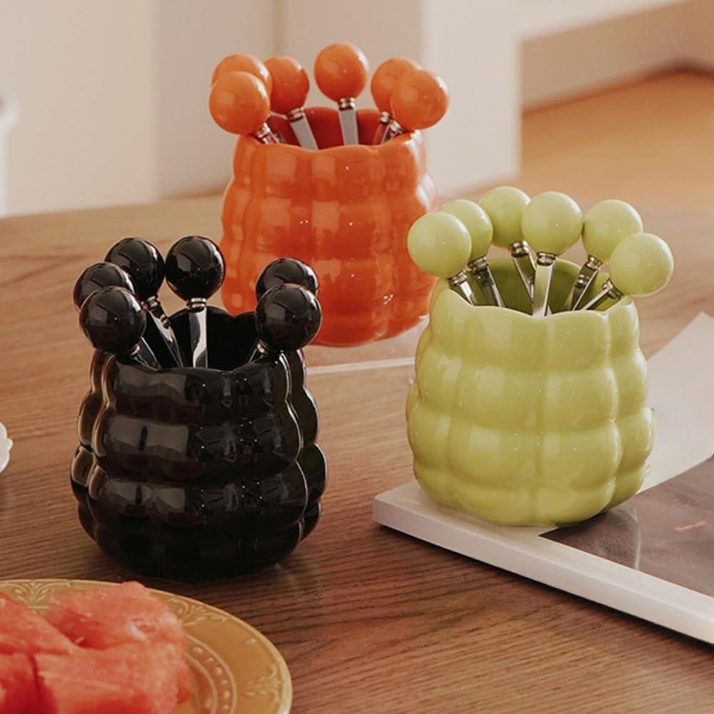 (6 Pieces) Ceramic Pearl Spoon Fork Jar Set Fruit Fork Dessert Cake Coffee TeaSpoon (Cream yellow)