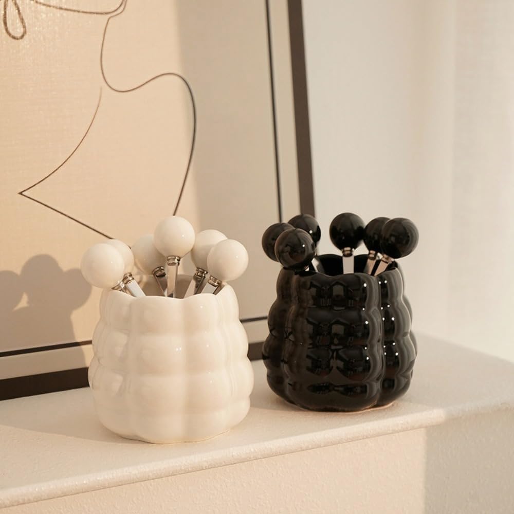 (6 Pieces) Ceramic Pearl Spoon Fork Jar Set Fruit Fork Dessert Cake Coffee TeaSpoon (Cream yellow)