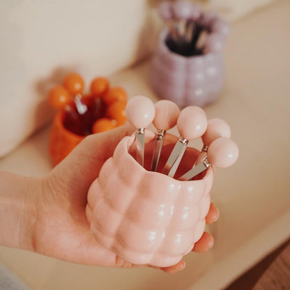 (6 Pieces) Ceramic Pearl Spoon Fork Jar Set Fruit Fork Dessert Cake Coffee TeaSpoon (Cream yellow)