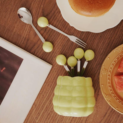 (6 Pieces) Ceramic Pearl Spoon Fork Jar Set Fruit Fork Dessert Cake Coffee TeaSpoon (Cream yellow)