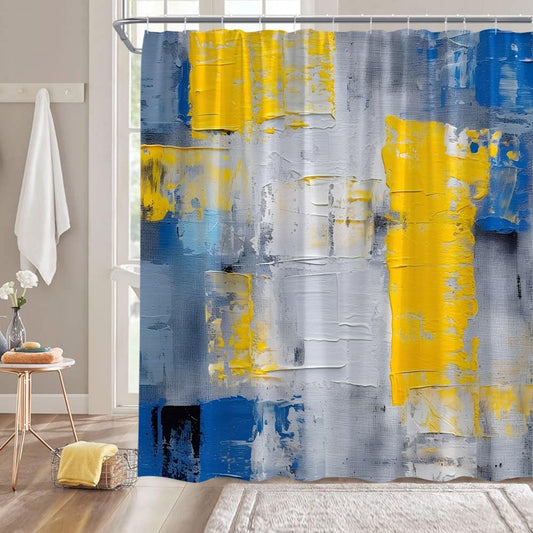 Blue Yellow Gray Shower Curtain Burnt Abstract Painting Modern Art Fabric Bathroom Curtain Sets with Hooks