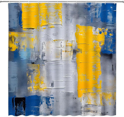 Blue Yellow Gray Shower Curtain Burnt Abstract Painting Modern Art Fabric Bathroom Curtain Sets with Hooks
