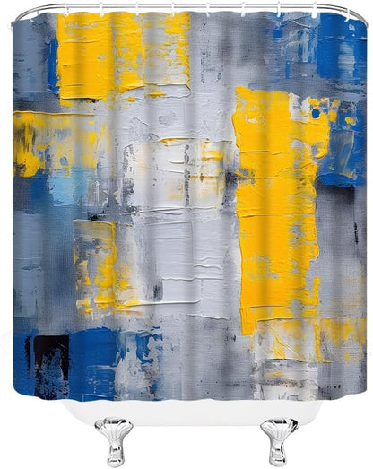 Blue Yellow Gray Shower Curtain Burnt Abstract Painting Modern Art Fabric Bathroom Curtain Sets with Hooks