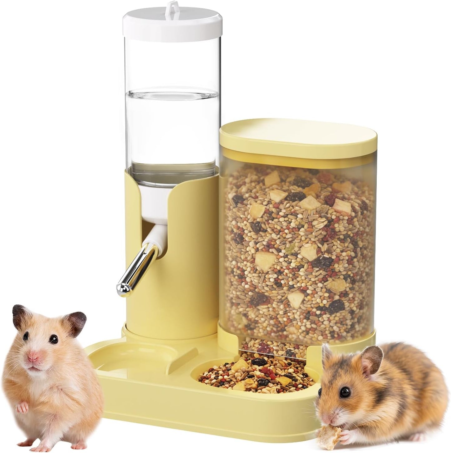2 in 1 Hamster Water Bottle, Automatic Feeder, No Drip Small Animal Water Dispenser Food Bowl for Syrian Dwarf Hamsters, Gerbils, Mouse, Hedgehog, Hamster Cage Accessories (Yellow)