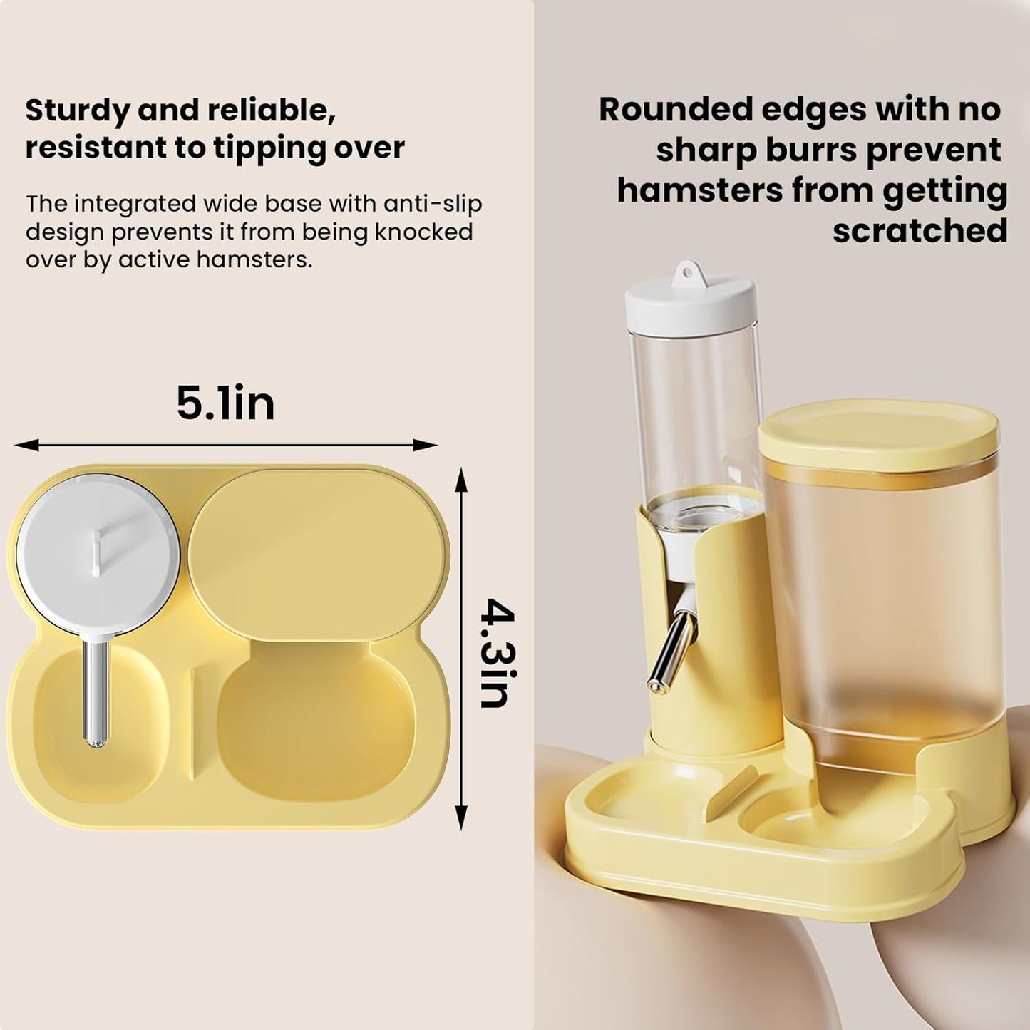 2 in 1 Hamster Water Bottle, Automatic Feeder, No Drip Small Animal Water Dispenser Food Bowl for Syrian Dwarf Hamsters, Gerbils, Mouse, Hedgehog, Hamster Cage Accessories (Yellow)