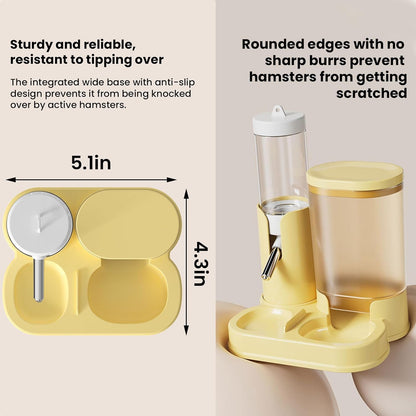 2 in 1 Hamster Water Bottle, Automatic Feeder, No Drip Small Animal Water Dispenser Food Bowl for Syrian Dwarf Hamsters, Gerbils, Mouse, Hedgehog, Hamster Cage Accessories (Yellow)