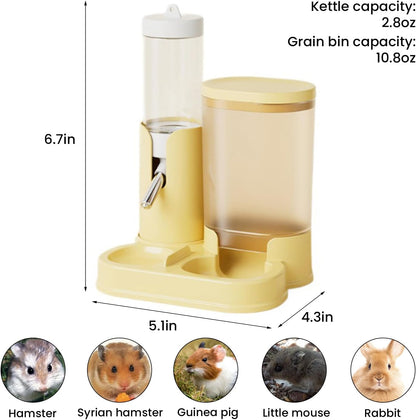 2 in 1 Hamster Water Bottle, Automatic Feeder, No Drip Small Animal Water Dispenser Food Bowl for Syrian Dwarf Hamsters, Gerbils, Mouse, Hedgehog, Hamster Cage Accessories (Yellow)