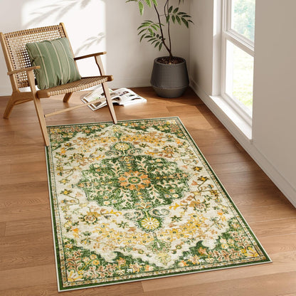 Reine Bohemian Floral Medallion Area Rug - 3x5 Soft Rug for Bedroom Living Room Mat, Cute Washable Indoor Floor Throw Carpet for Office Entry Way Apartment Dressing Room RV, Yellow/Green/Multi