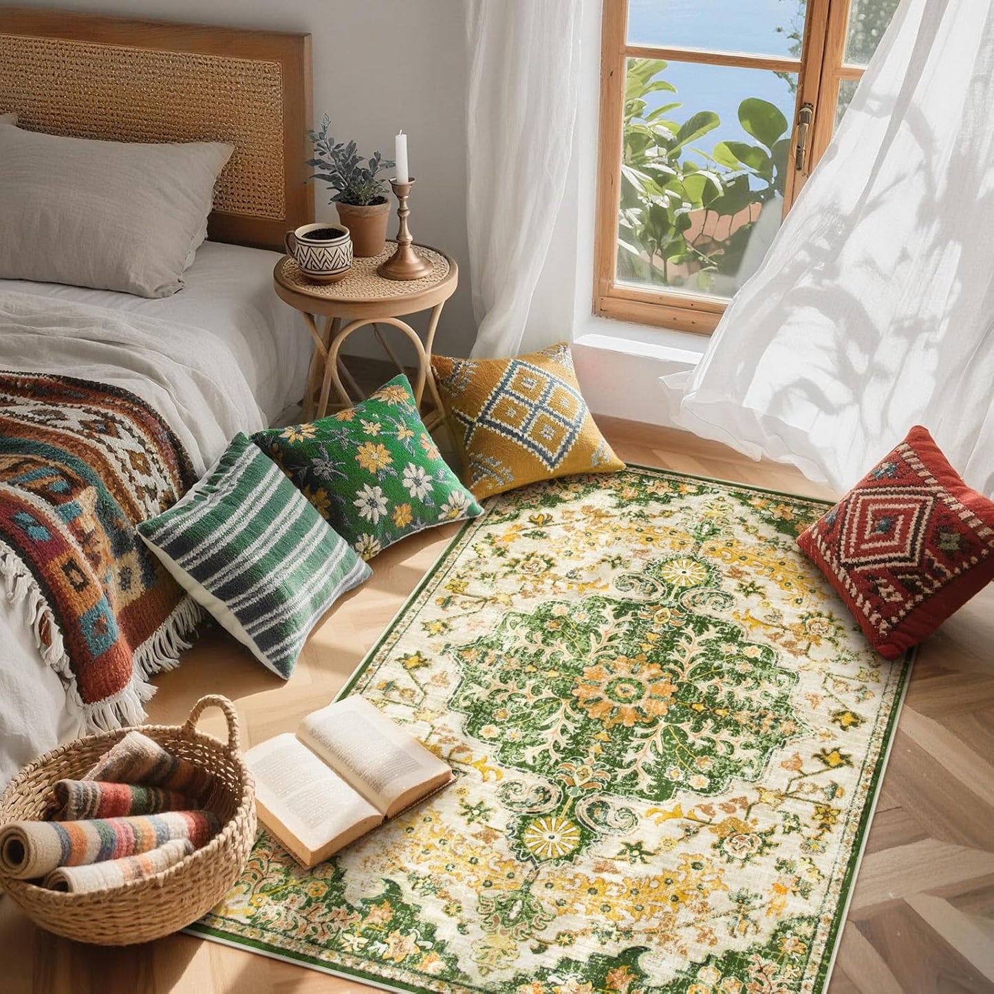 Reine Bohemian Floral Medallion Area Rug - 3x5 Soft Rug for Bedroom Living Room Mat, Cute Washable Indoor Floor Throw Carpet for Office Entry Way Apartment Dressing Room RV, Yellow/Green/Multi