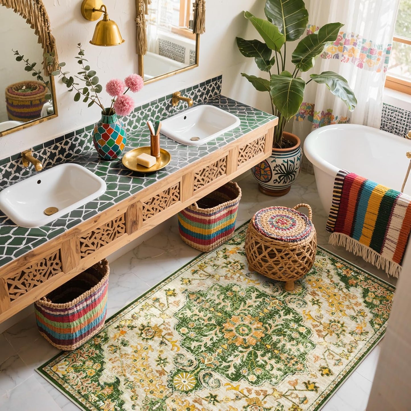 Reine Bohemian Floral Medallion Area Rug - 3x5 Soft Rug for Bedroom Living Room Mat, Cute Washable Indoor Floor Throw Carpet for Office Entry Way Apartment Dressing Room RV, Yellow/Green/Multi