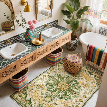 Reine Bohemian Floral Medallion Area Rug - 3x5 Soft Rug for Bedroom Living Room Mat, Cute Washable Indoor Floor Throw Carpet for Office Entry Way Apartment Dressing Room RV, Yellow/Green/Multi