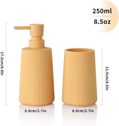 YAUKPH Bathroom Accessories Set 2 Piece Soap Dispenser and Toothbrush Holder for Bathroom Countertop Striped Yellow