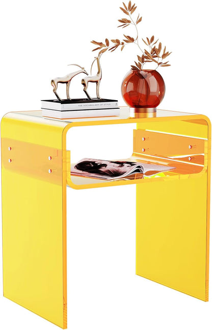 Clear Acrylic End Table 2-Tier Bedside nightstand for Living Room Bedroom Home Decor (Yellow)