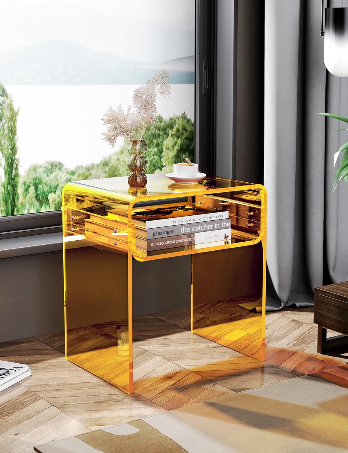 Clear Acrylic End Table 2-Tier Bedside nightstand for Living Room Bedroom Home Decor (Yellow)