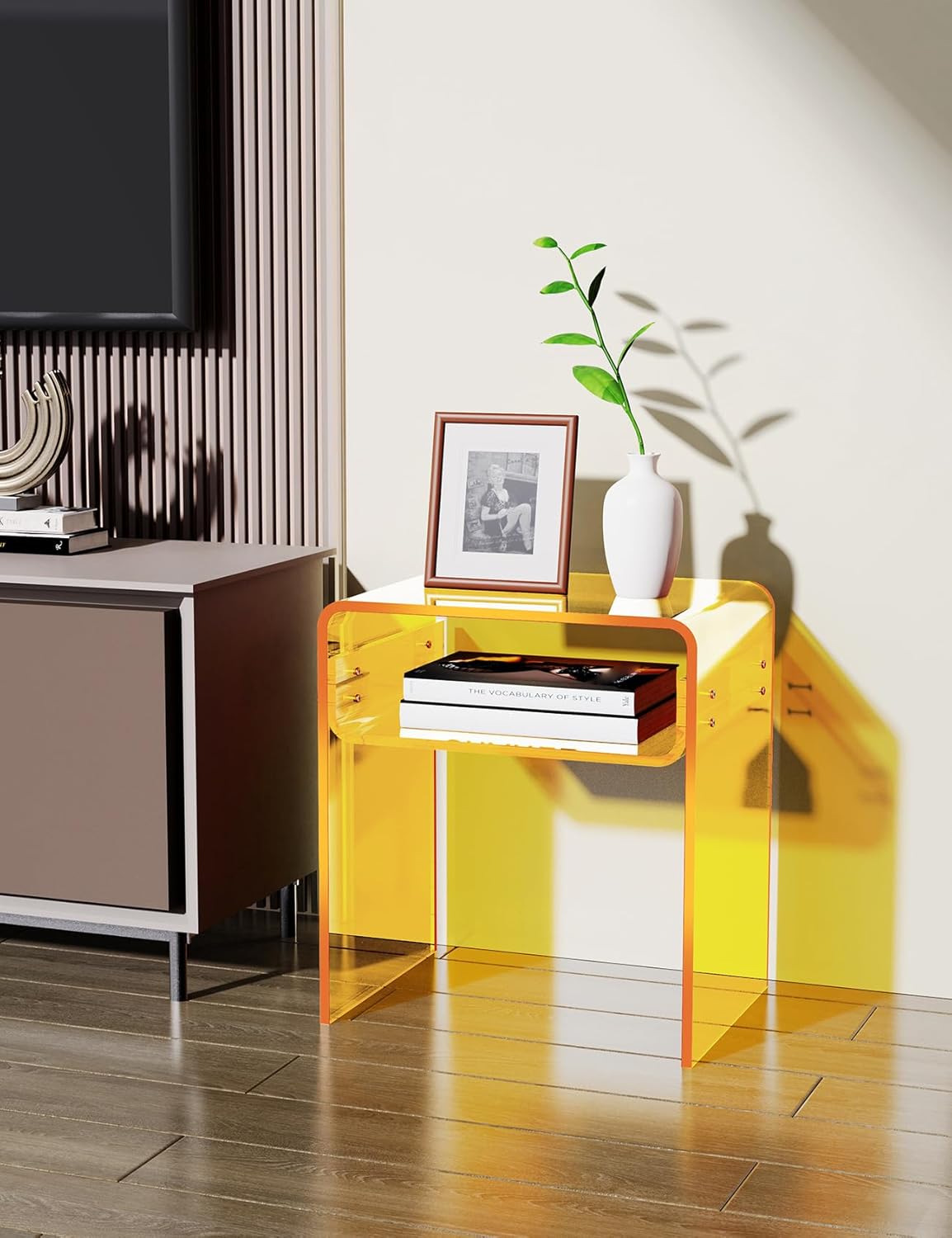 Clear Acrylic End Table 2-Tier Bedside nightstand for Living Room Bedroom Home Decor (Yellow)