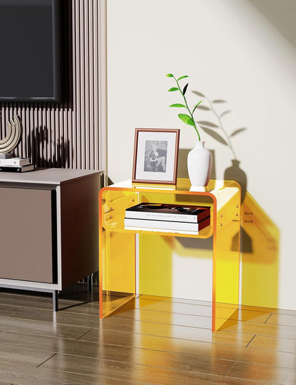 Clear Acrylic End Table 2-Tier Bedside nightstand for Living Room Bedroom Home Decor (Yellow)