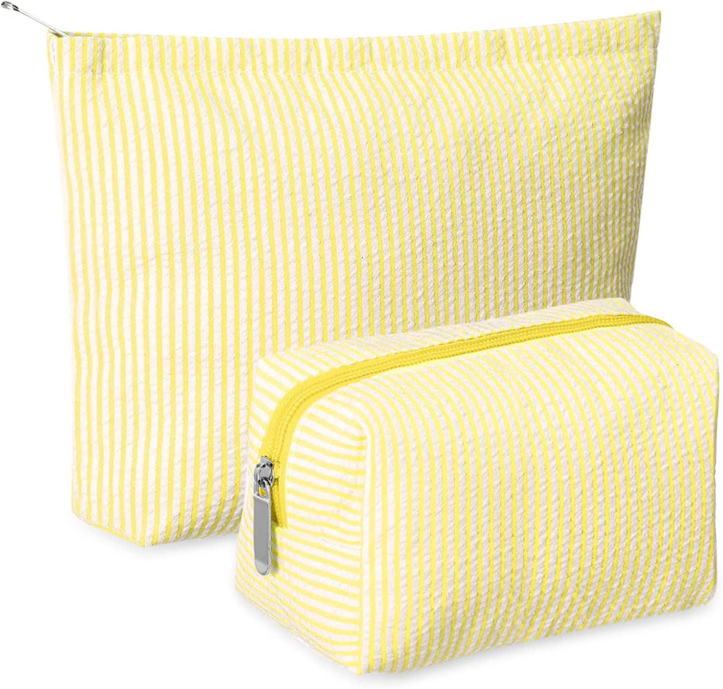 2 Pcs Makeup Bag Set Cute Cosmetic Pouch for Women Seersucker Travel Toiletry Bag Preppy Small Makeup Purse Pouch Aesthetic Skincare Brushes Storage Organizer for Valentine Women(Yellow)