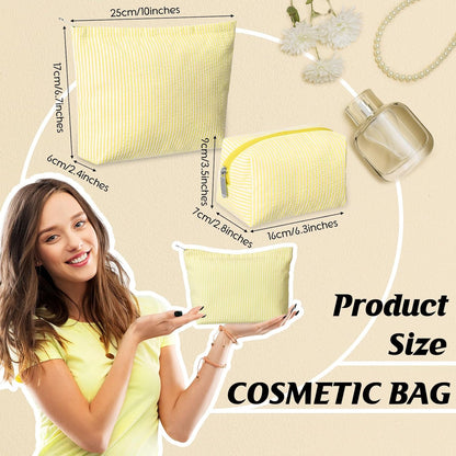 2 Pcs Makeup Bag Set Cute Cosmetic Pouch for Women Seersucker Travel Toiletry Bag Preppy Small Makeup Purse Pouch Aesthetic Skincare Brushes Storage Organizer for Valentine Women(Yellow)