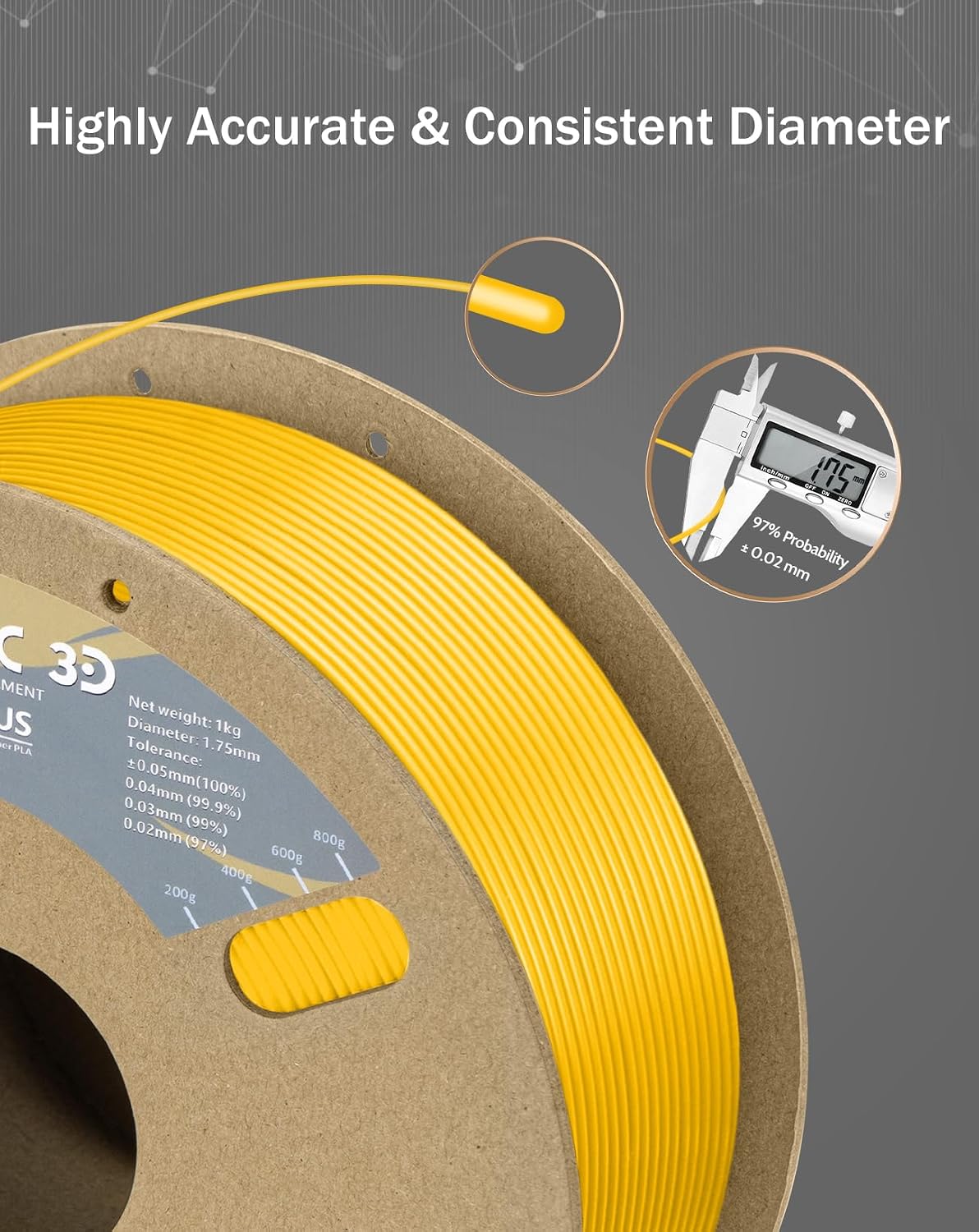 PLA+ Printer Filament 1.75mm PLA Plus Neatly Yellow | PLA Pro Tougher and Stronger, Dimensional Accuracy Probability +/- 0.02mm
