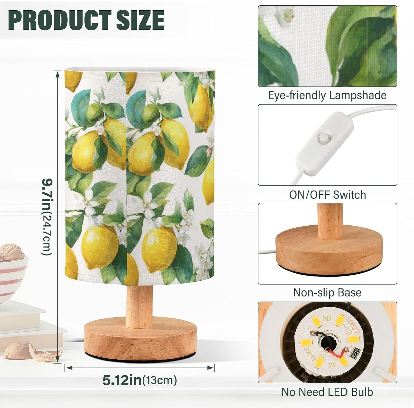 Bedside Table Lamp Lemon Yellow Citrus Fruits (13) Kids Nightstand Lamp Night Light Fabric Shade for Bedroom Living Room Home Office