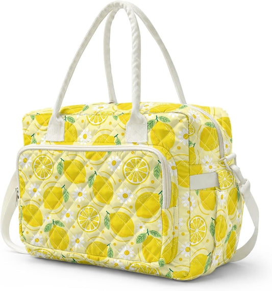 Daisy Lemon Quilted Lunch Box for Women Big Capacity Lunch Tote Bag with Bottle Holder Leakproof Insulated Sandwich Bags for Work Office Picnic Travel Camping Hiking Beach