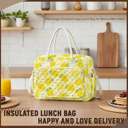 Daisy Lemon Quilted Lunch Box for Women Big Capacity Lunch Tote Bag with Bottle Holder Leakproof Insulated Sandwich Bags for Work Office Picnic Travel Camping Hiking Beach