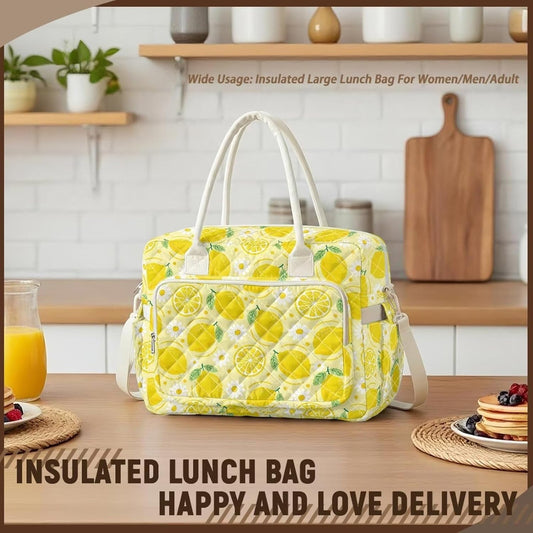 Daisy Lemon Quilted Lunch Box for Women Big Capacity Lunch Tote Bag with Bottle Holder Leakproof Insulated Sandwich Bags for Work Office Picnic Travel Camping Hiking Beach