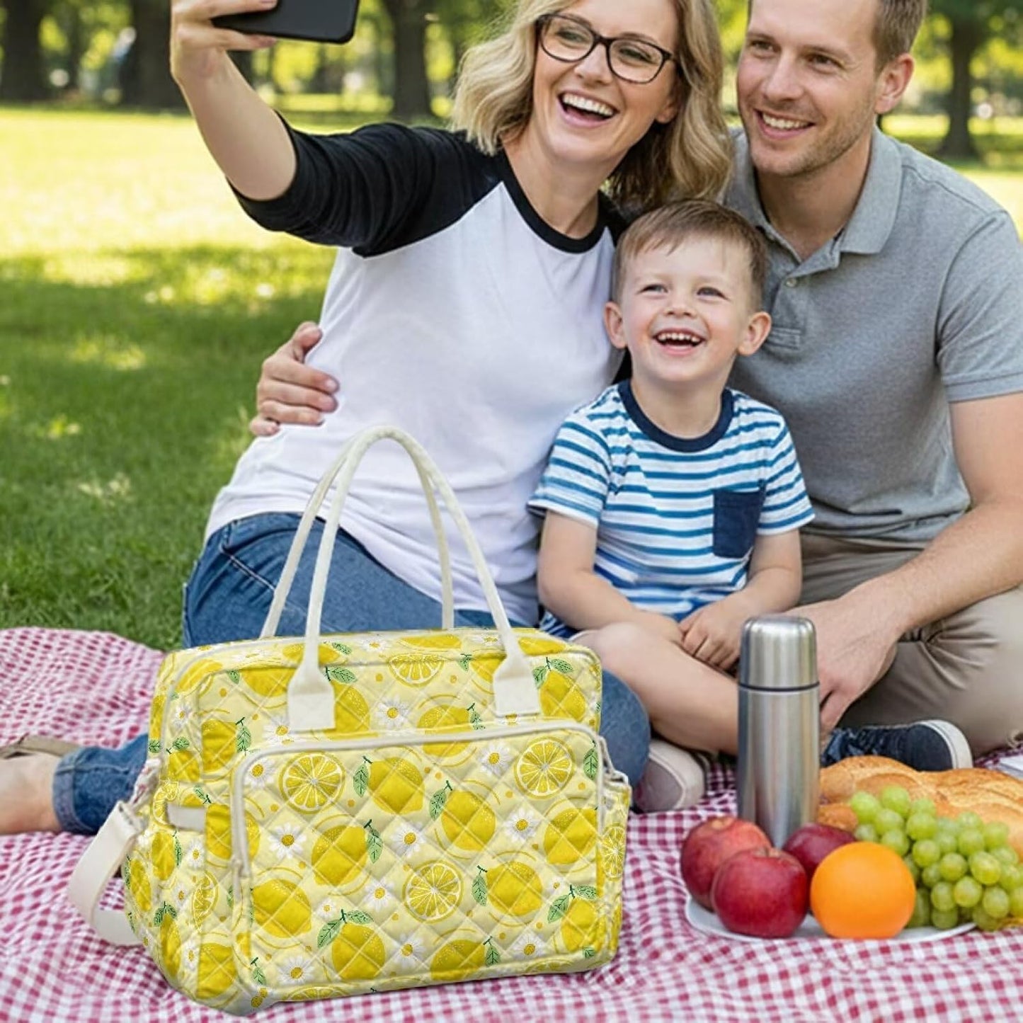 Daisy Lemon Quilted Lunch Box for Women Big Capacity Lunch Tote Bag with Bottle Holder Leakproof Insulated Sandwich Bags for Work Office Picnic Travel Camping Hiking Beach
